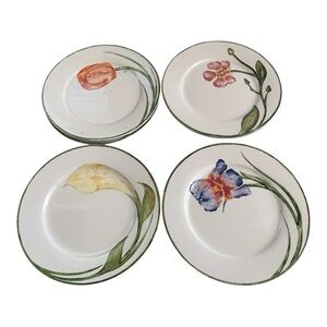 Pier 1 Floral Salad/Dessert Plates, Four, Tulip, Iris, Calla Lily & Orchid, 7.5”